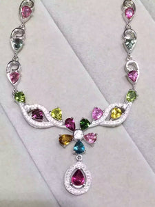 Natural multicolor tourmaline Necklace Natural Gemstone Pendant Necklace S925 sliver trendy Luxury Flowers women party Jewelry