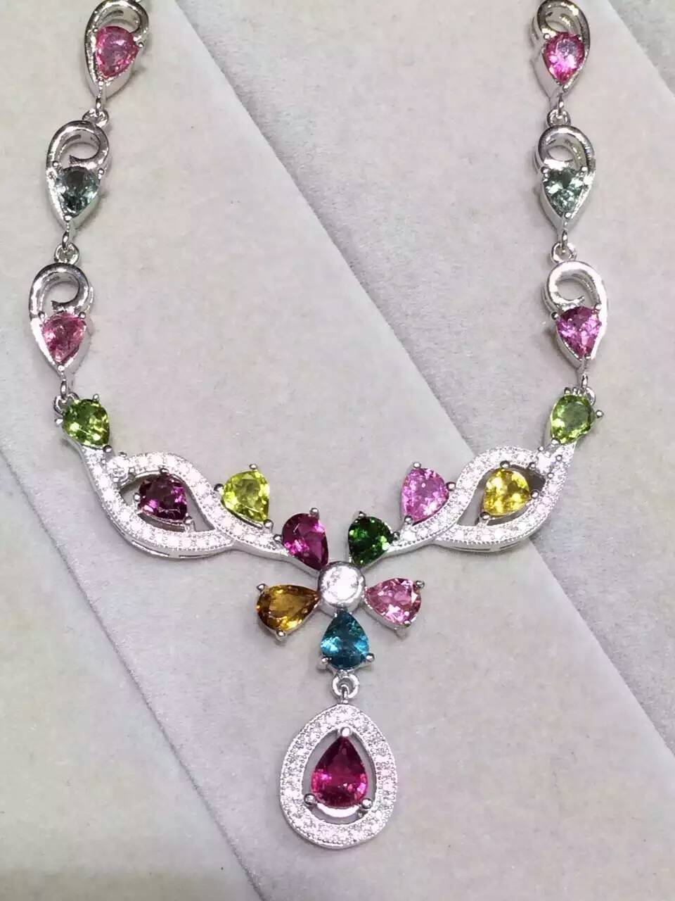 Natural multicolor tourmaline Necklace Natural Gemstone Pendant Necklace S925 sliver trendy Luxury Flowers women party Jewelry