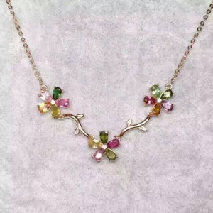 Natural multicolor tourmaline Necklace natural gemstone Pendant Necklace S925 Sterling silver trendy Flowers women party Jewelry
