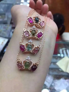 Natural multicolor tourmaline Necklace natural gemstone Pendant Necklace S925 silver Fashion Luxury Crown women girls Jewelry