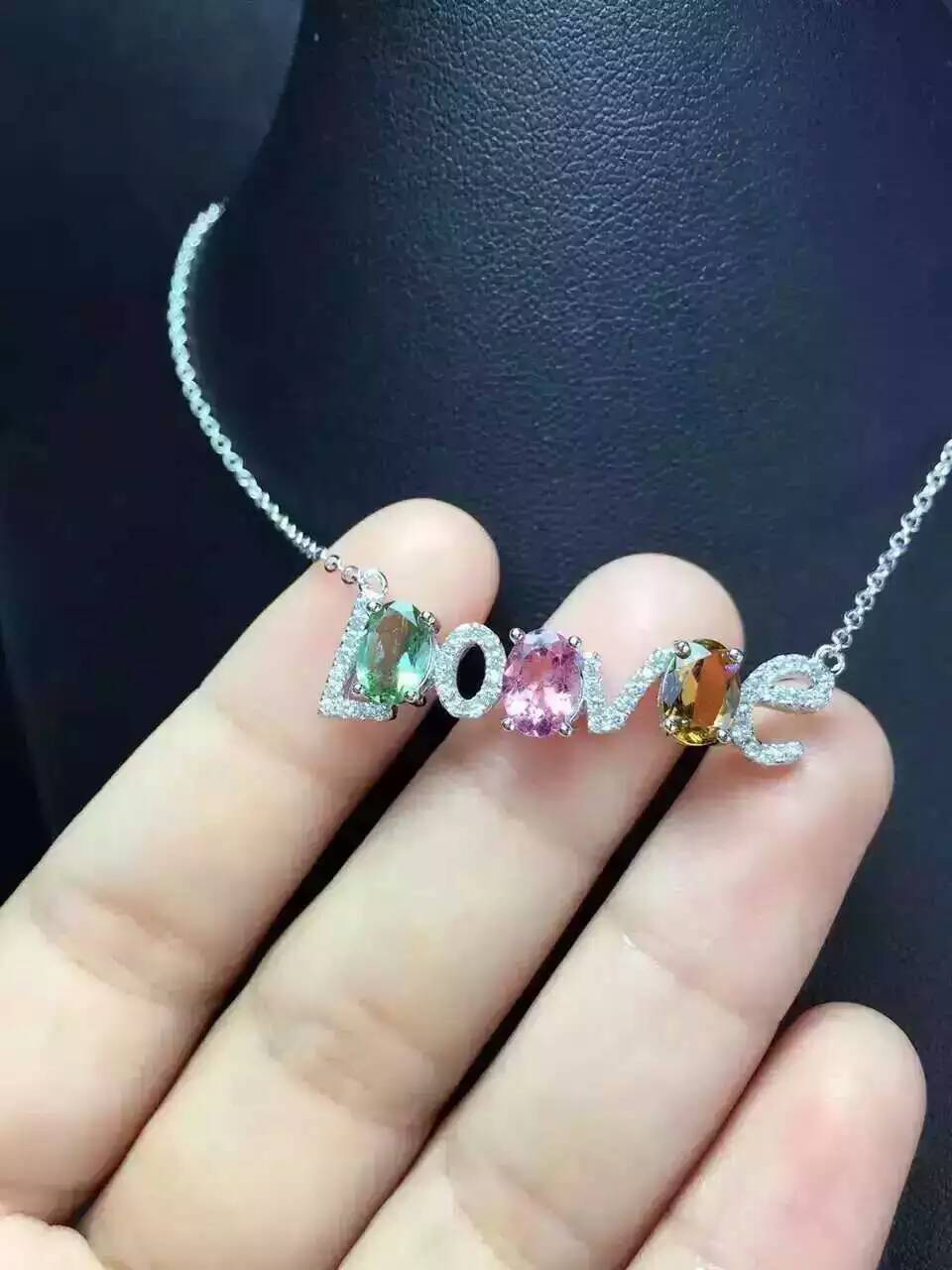 Natural multicolor tourmaline Necklace natural gemstone Pendant Necklace S925 silver Romantic letters lovewomen Jewelry
