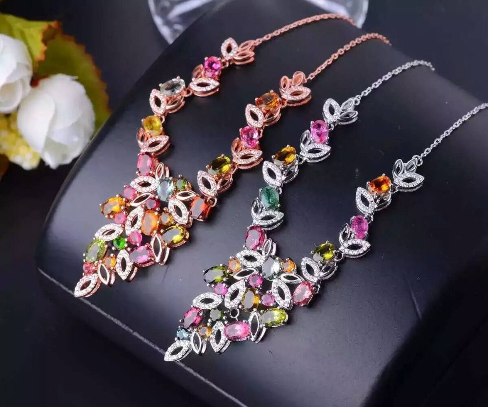 Natural multicolor tourmaline Necklace natural gemstone Pendant Necklace S925 silver trendy Luxury flowers women Jewelry