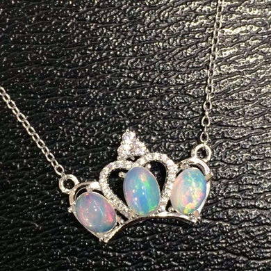 Natural opal Necklace natural gemstone Pendant Necklace S925 silver Fashion Elegant Crown for girls Child party fine Jewelry