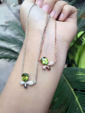 Natural peridot stone Necklace natural olivine Pendant Necklace S925 silver Fashion Elegant butterfly women girls fine Jewelry