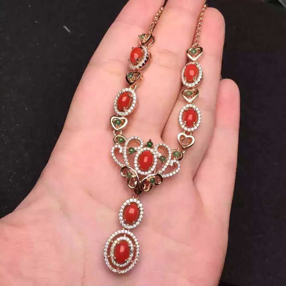 Natural red coral Necklace Natural Gemstone Pendant Necklace 925 sliver women Luxury trendy Crown women wedding fine Jewelry