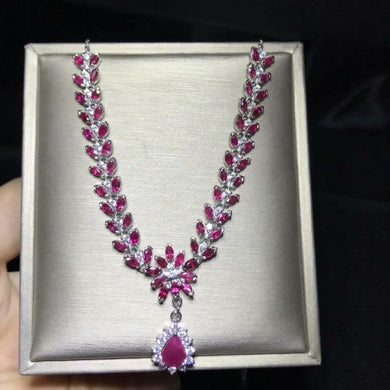 Natural red ruby stone Necklace Natural Gemstone Pendant Necklace S925 sliver trendy Luxury big leavesl women party gift Jewelry