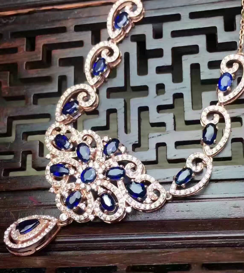 Natural sapphire Necklace natural gemstone Pendant Necklace S925 silver trendy Luxury Flowers women party fine Jewelry