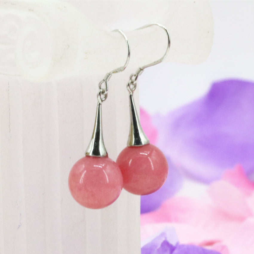 Natural stone pink rhodochrosite round beads 12mm dangle earrings for women high grade handmade eardrop jewelry B3244