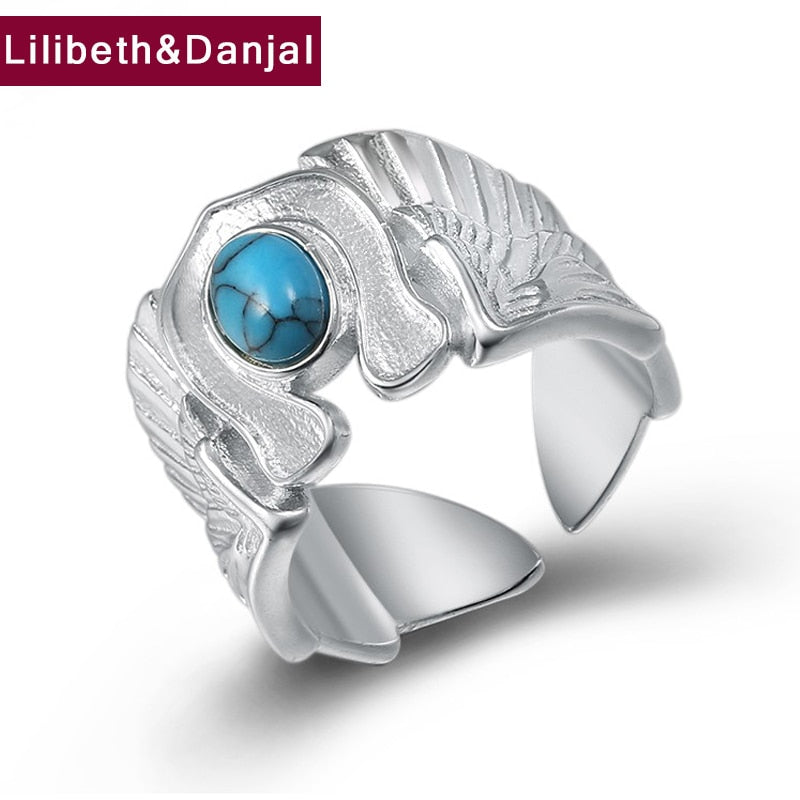 Natural turquoise Ring 100% Real 925 sterling silver Jewelry Angel Wing Men Ring Gift New Arrival Gift for boyfriend FR60