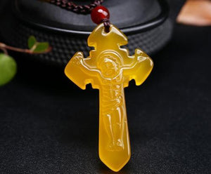Naturally Beautiful Yellow Agate Jade Medullary Hand-carved Cross Prayer Pendant Necklace Sweater Chain Jewelry Gift Wholesale