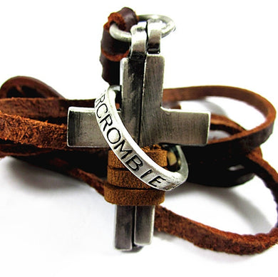 New 100% Genuine Leather Men Necklace With Cross Pendant Punk Vintage Adjustable Brown Rope Chain Male Men's Necklaces Jewelry