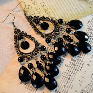 New 2015 Retro Fashion Hollow Tassel Earrings Long Big Hanging Luxury Vintage Big Black Water Drop Earrings With Stone For Women