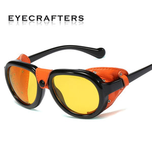 2023 Men Steampunk Metal Gothic Goggles Sunglasses Women Retro Leather With Side Shades Round Sun glasses