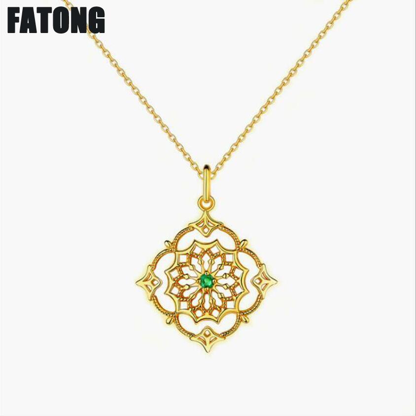 New 925 sterling silver original hollow national wind emerald necklace female retro wild J0242