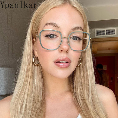Anti-Blue Glasses Women Metal Glasses Frame Black Square Flat Mirror Spring Temples Vintage Eyewear