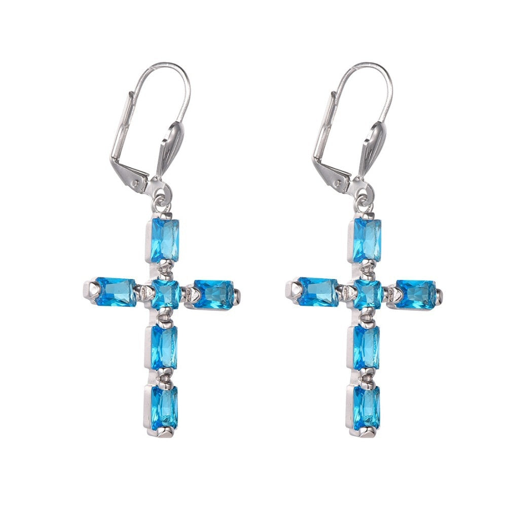 New Arrival Blue Crystal Zircon 925 Sterling Silver Cross Earring Cross Earrings TE702