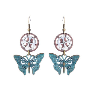 New Arrival Brass Green Butterfly and Four Clover Gears Women`s Steampunk Fashion Drop Earring