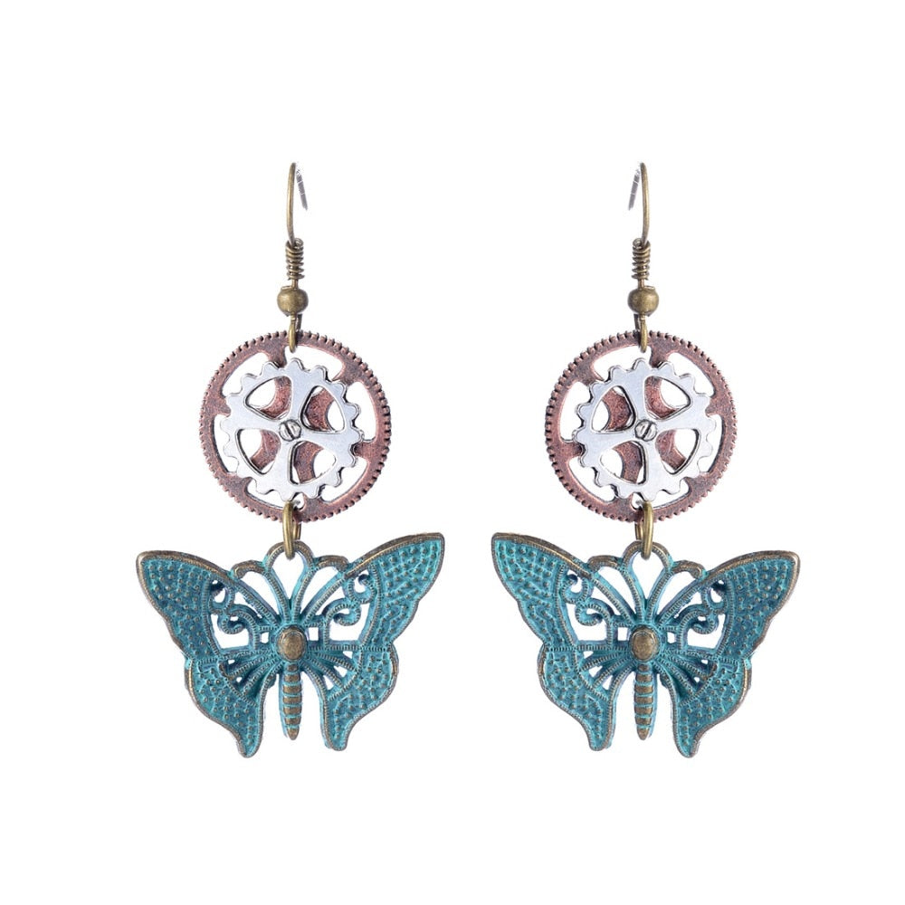New Arrival Brass Green Butterfly and Four Clover Gears Women`s Steampunk Fashion Drop Earring