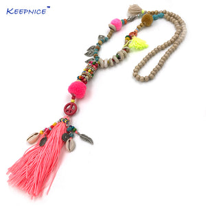 New Clothing Accessories Bohemian Wood Beaded Tassel Long Necklace Pink Fringes Pompous Pendants Necklace For Women dropshipping