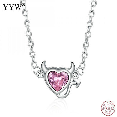 Nuova collezione Genuino argento sterling 925 Dolce cuore del diavolo Collana con pendenti in cristallo rosa per le donne Gioielleria raffinata 2017 