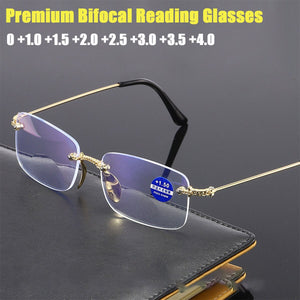 Diamond-Cut Bifocal Progressive Reading Glasses Unisex Blue Light Blocking Multifocal Eyewear Ultralight Rimless Eyeglasses