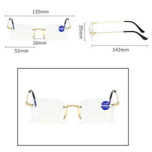 Diamond-Cut Bifocal Progressive Reading Glasses Unisex Blue Light Blocking Multifocal Eyewear Ultralight Rimless Eyeglasses