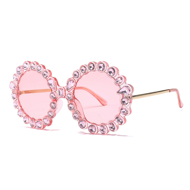 Diamond Round Sunglasses Women Brand Designer Green Black Pink Frame Sun Glasses Metal Flower Girl Gift UV400