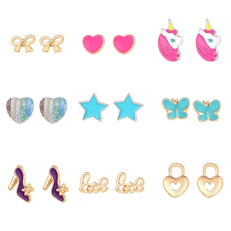 New Earrings Girl 9 Pairs Cute Small Unicorn Butterfly Bowtie Stud Earrings Set For Kids Girls Cute Small Stud Earrings