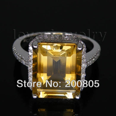 New Elegant Vintage Emerald Cut 10x12mm 14Kt White Gold Diamond Citrine Ring R0014