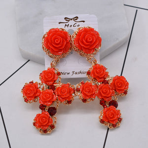 New Euramerican Pop Baroque Style Brand Jewelry Sicilian Red Rose Flower Filigree Cross Earrings Gold Tone Enameled Pendientes