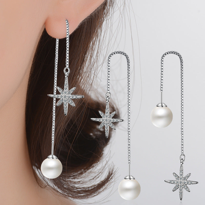 New Fashion 925 Sterling Silver Pearl Earrings Female Stars Design Temperament Earrings For Women Korean Silver Jewelry