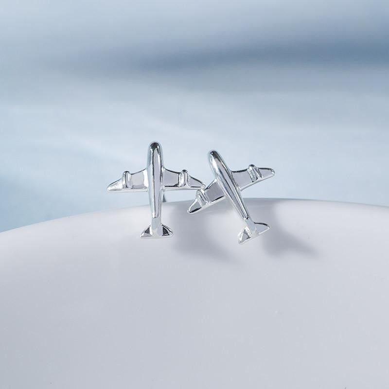 New Fashion Cute Silver Color 3d Aircraft Airplane Plane Stud Earrings For Women Girl Handmade Tiny Jewelry Wholesale
