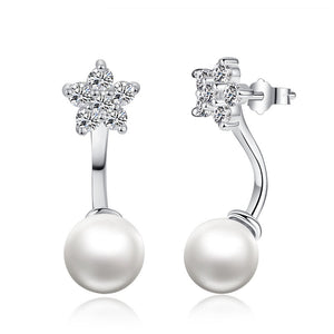 New Fashion Flower Shape Luxury Shiny Star Snowflake Imitation Pearl Earrings For Women Classic Jewelry Silver Color 2017 Hot