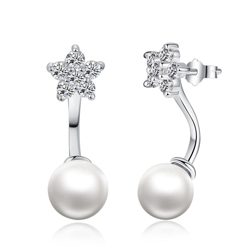 New Fashion Flower Shape Luxury Shiny Star Snowflake Imitation Pearl Earrings For Women Classic Jewelry Silver Color 2017 Hot