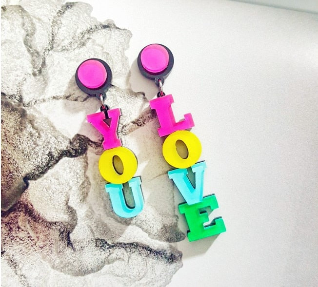 New Fashion Hiphop Fluorescent Letters LOVE YOU Acrylic Earrings for women party Club Bar Jewelry Wholesale