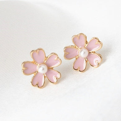 New Fashion Pink and Purple Flower Stud Earrings For Women Jewelry Bijoux Cute Imitation Pearl Cherry Blossom Earrings Gift