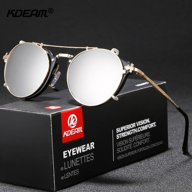 Round Sunglasses Metal Frame UV400 KDEAM Men Women's Steampunk Retro Eyewear Driving Shades Clip Glasses UV400