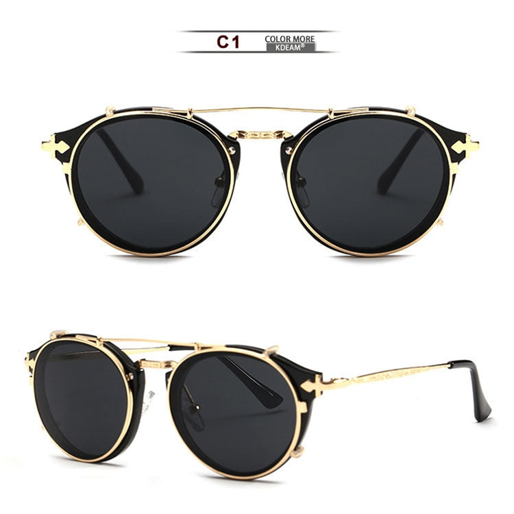 Round Sunglasses Metal Frame UV400 KDEAM Men Women's Steampunk Retro Eyewear Driving Shades Clip Glasses UV400