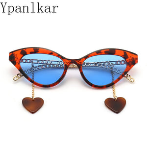 Small Cat Eye Shaped Women  SunGlasses With Metal Chains Legs&amp;Love Pendant PC Frame Chain Sun Glasses UV400