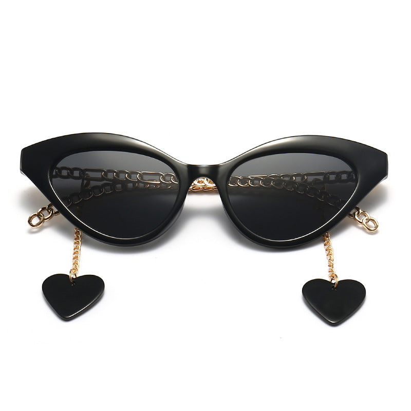 Small Cat Eye Shaped Women  SunGlasses With Metal Chains Legs&Love Pendant PC Frame Chain Sun Glasses UV400