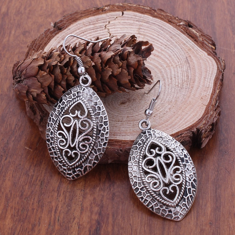 New Fashion Statement Bohemian Vintage Ethnic Tibetan Silver Hollow Big Oval Drop Earring Carved Flowers Drop Earrings For Women