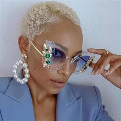 Style Green Diamond Oversized Sunglasses Women Designer  Cat Eye Sunglasses Transparent Frame Vintage Shades
