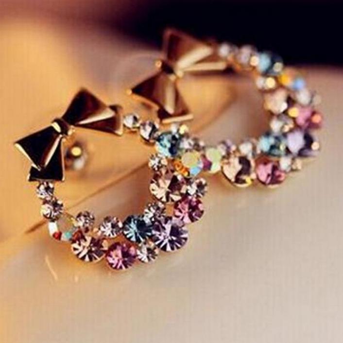 New Fashionable pendientes Earrings Imitation Rhinestone Colorful Rhinestone Bow Vintage Stud Earrings Jewelry wholesale