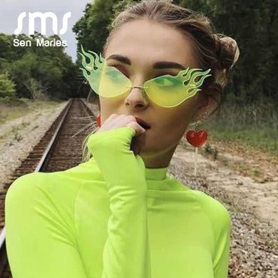Fire Flame Rimless Sunglasses Women  Brand Men Cat Eye Sun Glasses Unique Eyewear Shades UV400 oculos de sol