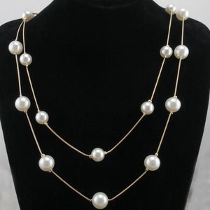 New Hammered Bar Simple Double Chain Charm Simulated Pearl Necklace Beads Long Strip Pendant Necklaces Wedding Event Jewelry