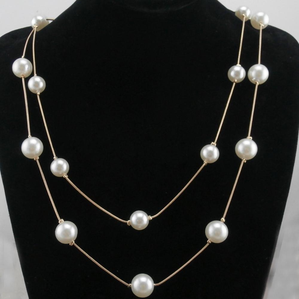 New Hammered Bar Simple Double Chain Charm Simulated Pearl Necklace Beads Long Strip Pendant Necklaces Wedding Event Jewelry