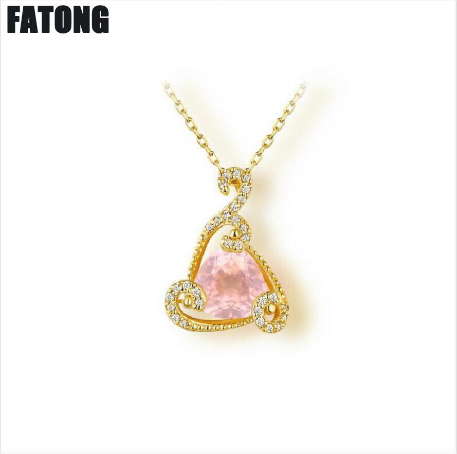 New Jewelry 925 sterling silver triangle Rose quartz necklace female J0247