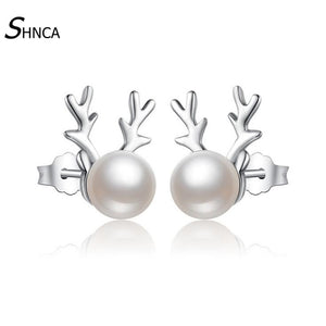 New Luxury Sweet 925 Sterling Silver Natural Pearl Earring Cute Cartoon Elk Deer Antlers Stud Earrings For Women Jewelry E028