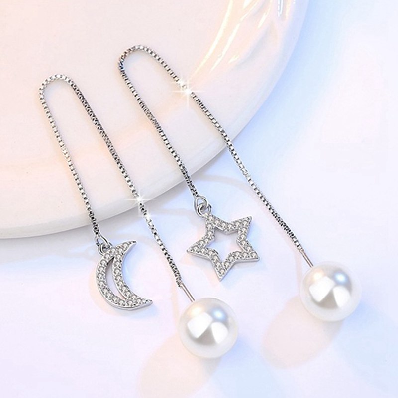 New Moon Star Shape Austrian Crystal Long Stud Earrings with big Pearl Elegant Gold-color Jewelry for Women