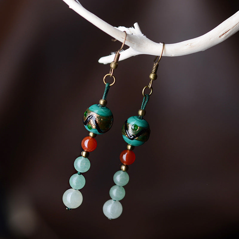 New Original handmade glass glazed dangle earrings blue ,New Ethnic jewelry humble Aventurine Quartz earrings